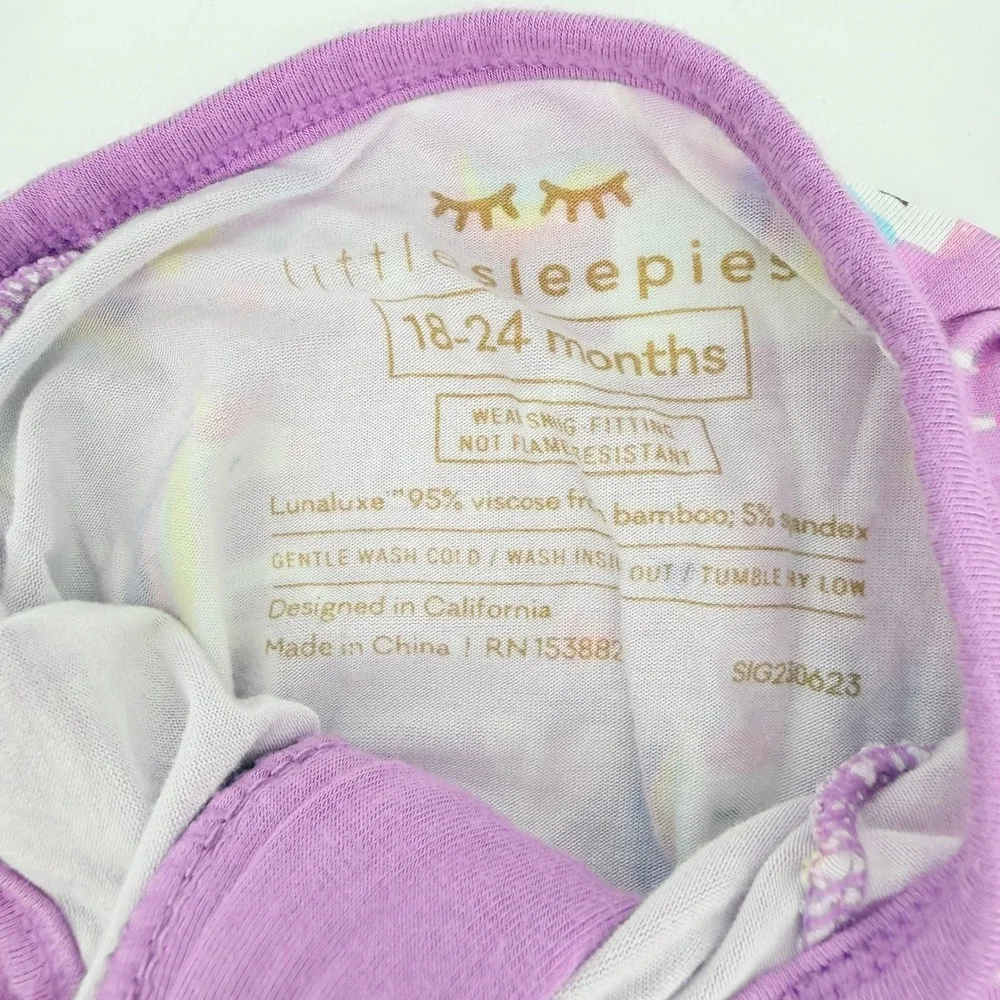 Little Sleepies Zippy Toddler 18-24M Purple Unicorn Rainbow Good Bamboo Pajamas
